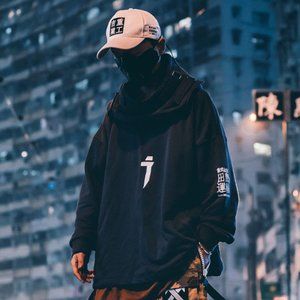 Streetwear Hoodie Techwear Cyberpunk Japanese Kanji Sweatshirt Pullover hi-h6